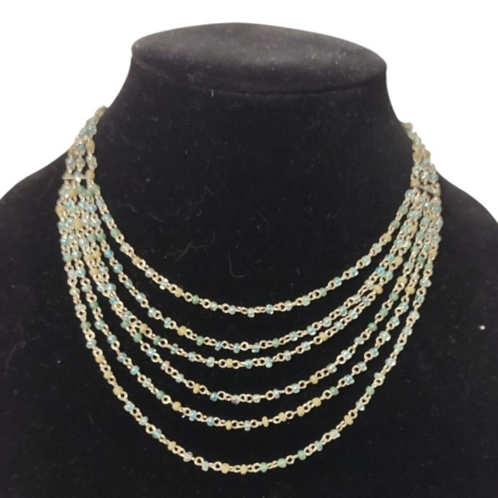 Multi-Tiered Silver Chain & Mini Beads White Tan Turquoise Necklace Simple Basic